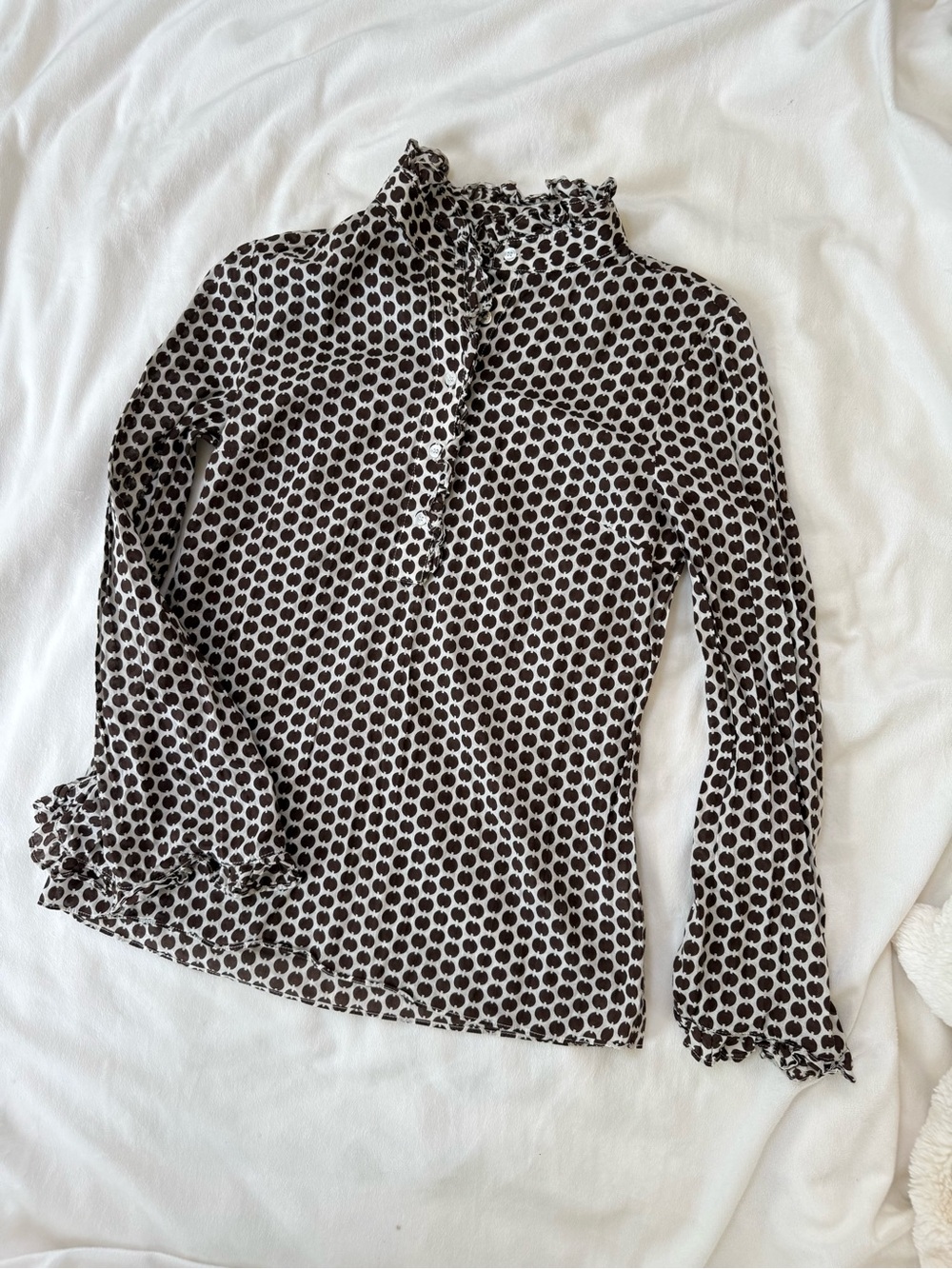 Tory Burch Brown and Cream Polka-Dot 100% Cotton Ruffle-Neck Blouse